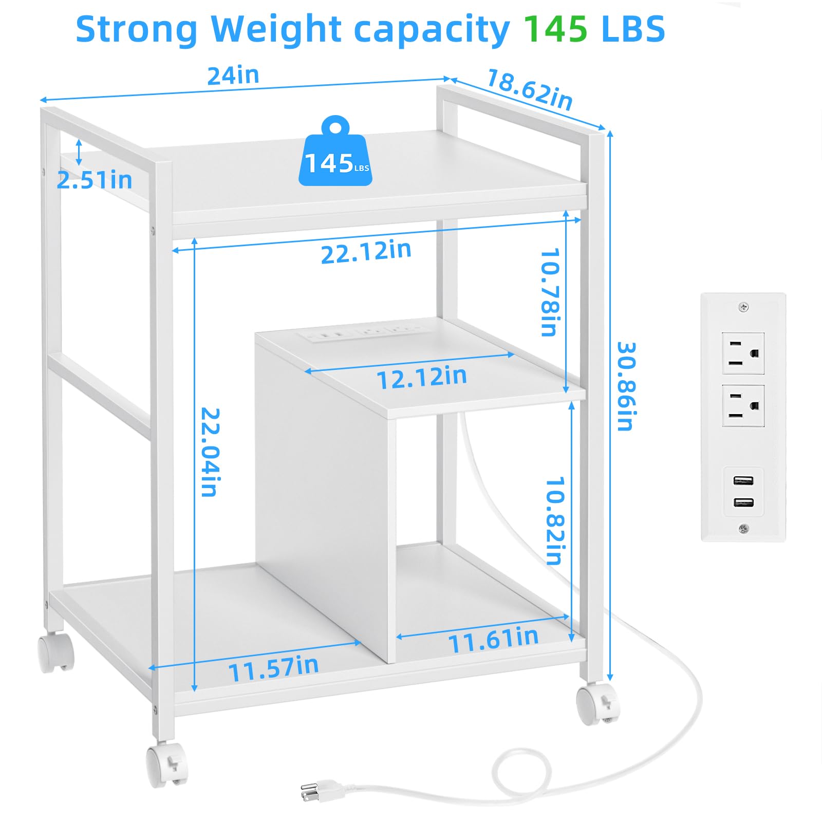 Lerliuo Supporto per stampante con stazione di ricarica e porte USB, grande tavolo per stampante mobile a 3 livelli con ripiano portaoggetti, carrello per stampante industriale con ruote bloccabili