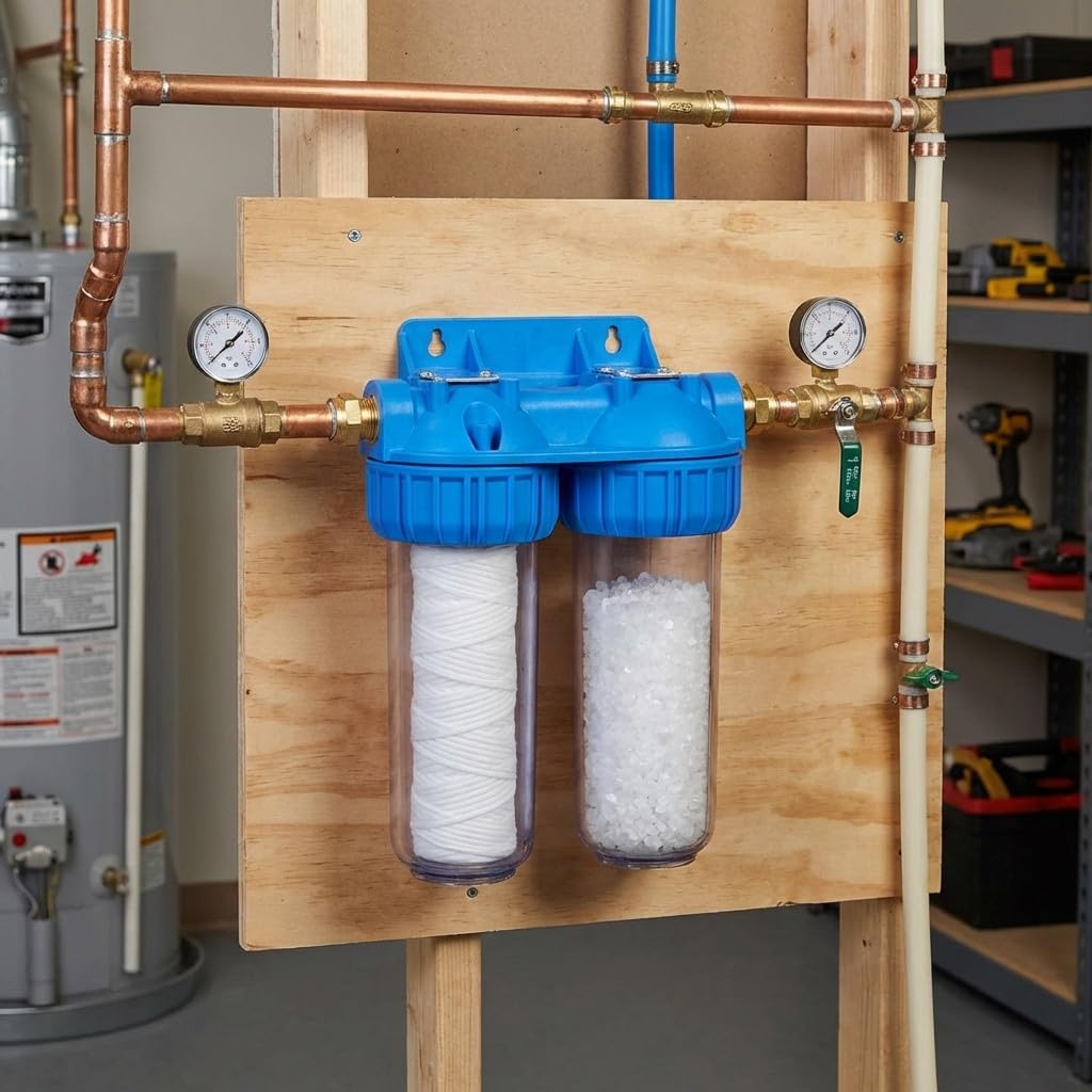 Suinga Pack 2 Vaso Doppio Contenitore per Filtros 10" + 2 Filtro Fibra 5 Micron | Sedimenti | Connessione Rinforzata in Ottone | Purificazione Acqua