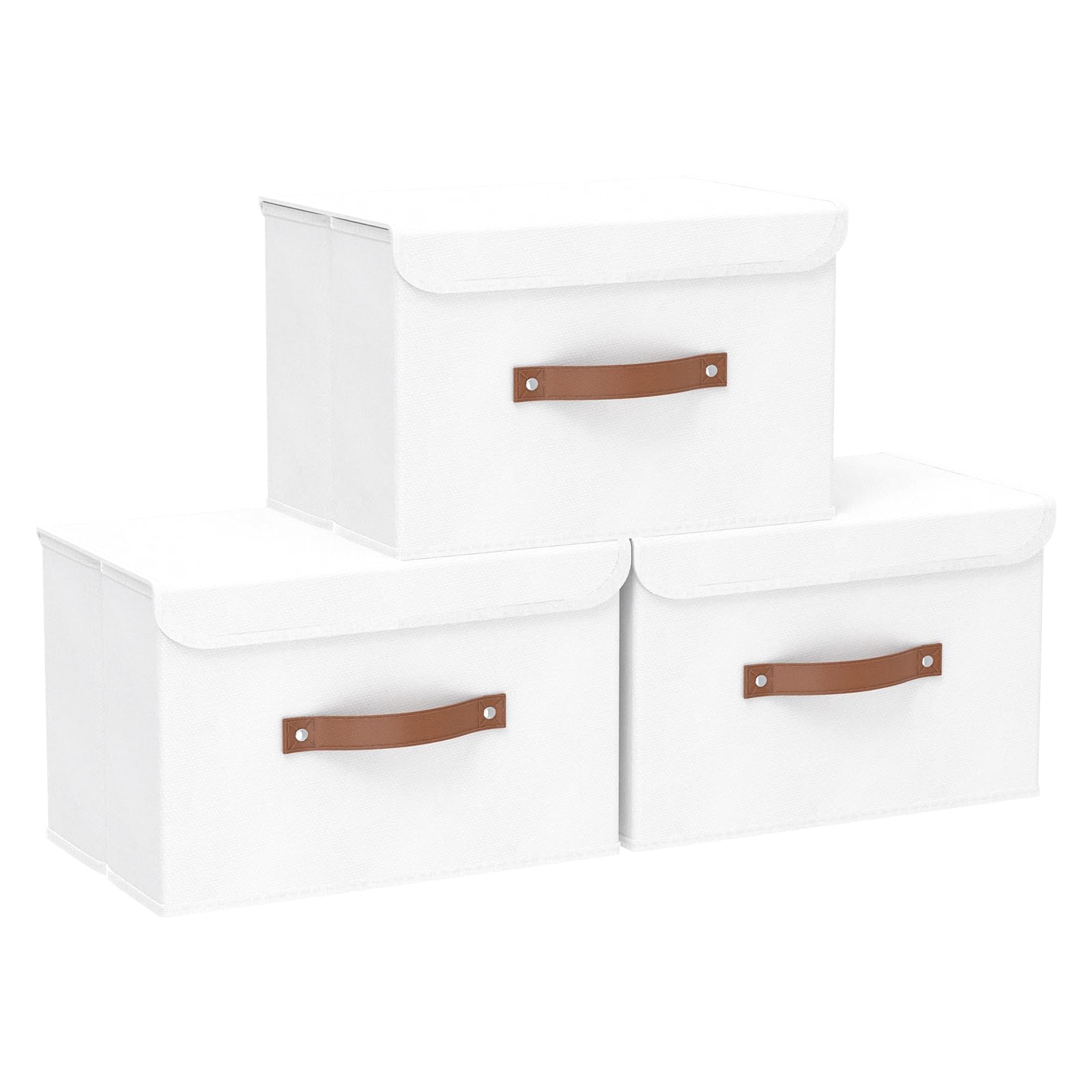 Yawinhe 3 Pcs Cajas de Almacenamiento con Tapa, Organizadoras de Tela, Almacenaj Ropa, para Dormitorios, Blanco, 38x25x25cm, SNK018WL