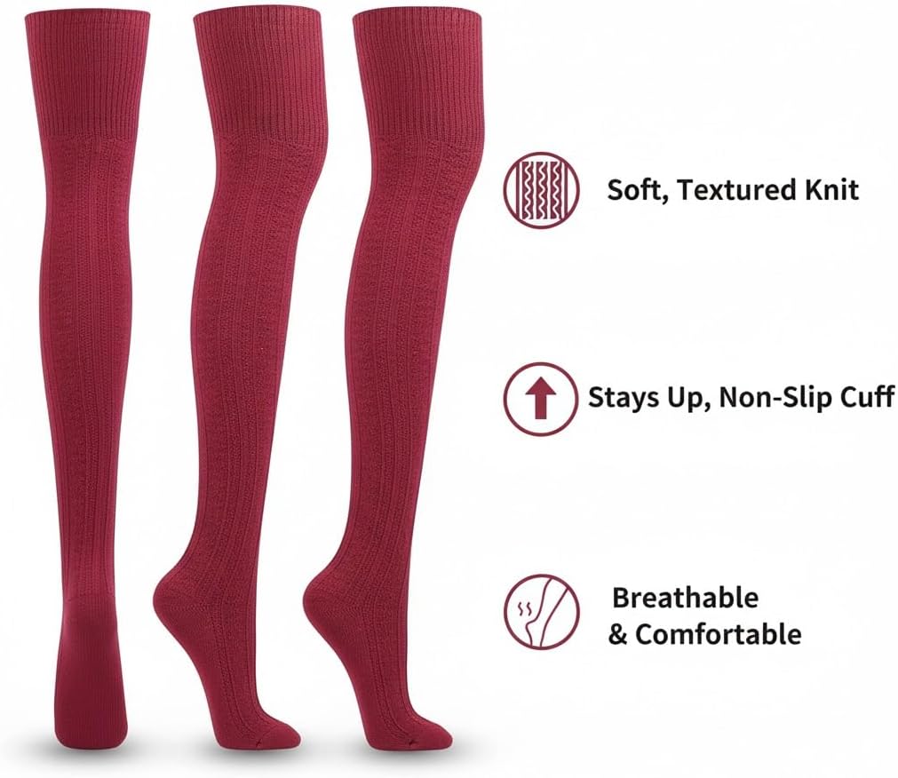 Women's Cable Knit Thigh High Socks, Warm Over-the-Knee Stockings, Cozy Winter Fashion Leg Warmers (3 pairs)