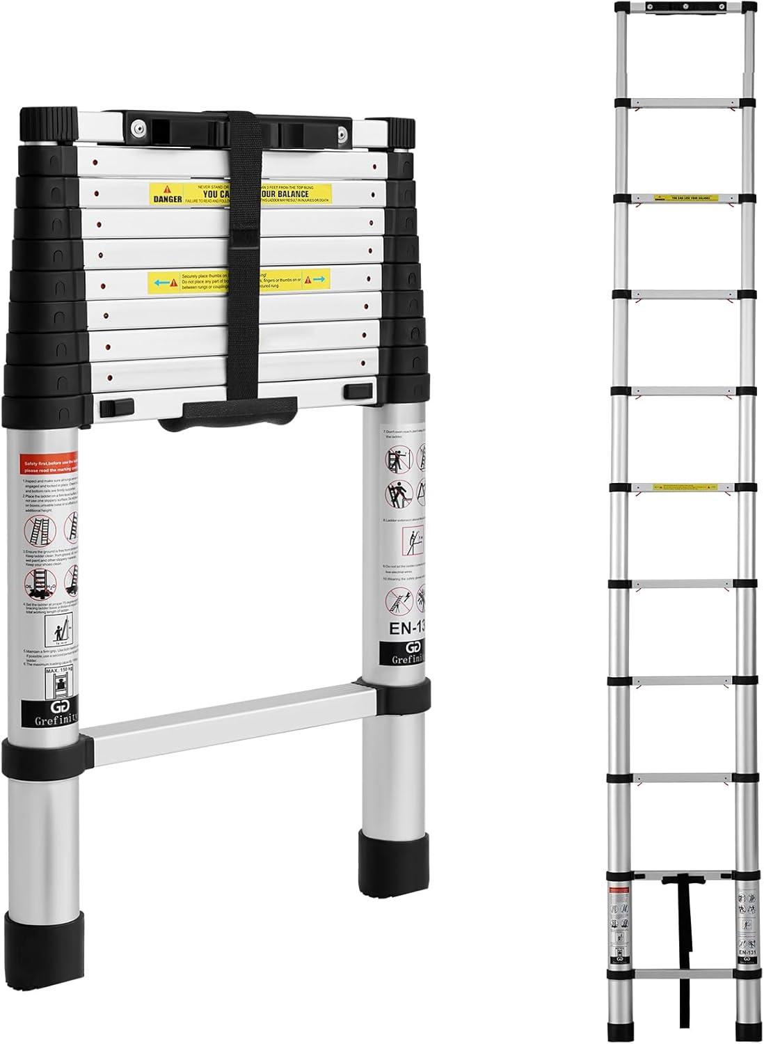 10.5 FT Aluminum Telescoping Ladder, One Button Retraction Extension Ladder, 375 lbs Load Capacity with Non-Slip Wide Feet, Compact Portable for Indoor Outdoor Use, RV, Attic and Roof Use