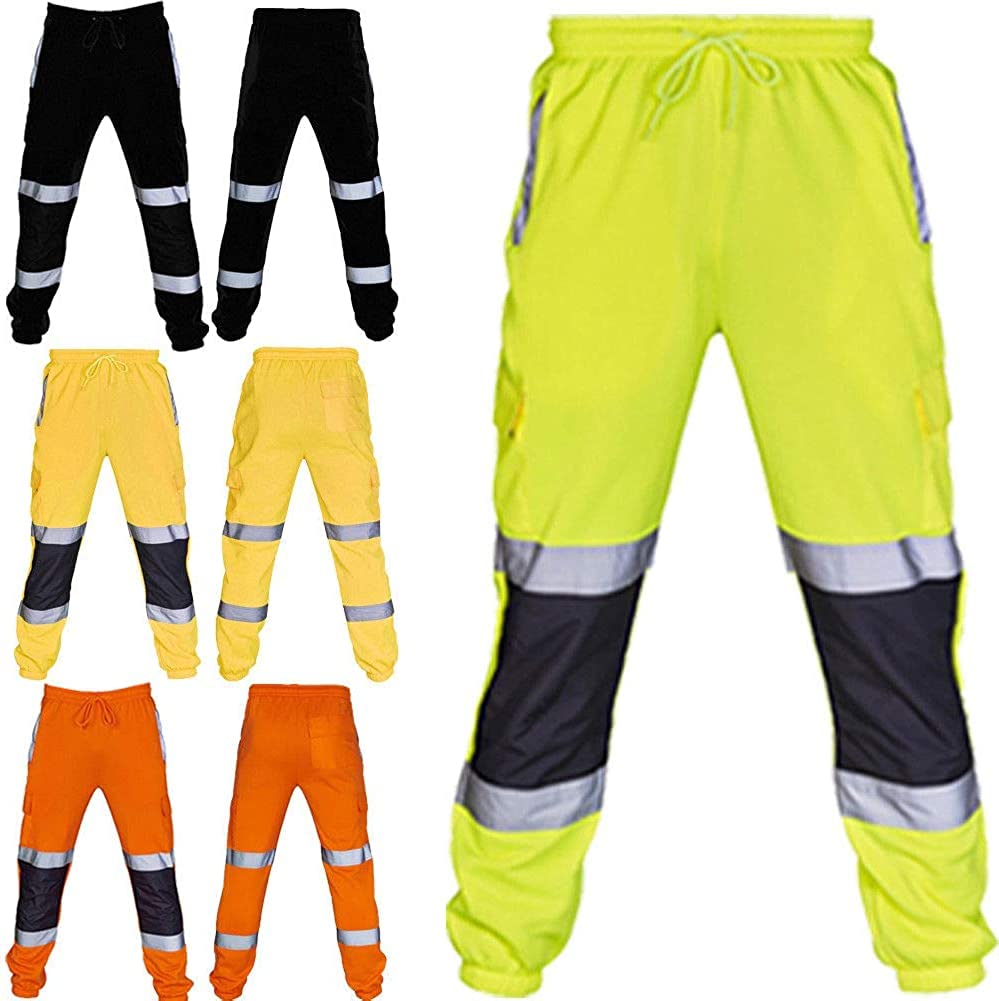 HUAZONG Pantalon de jogging haute visibilité haute visibilité avec bande réfléchissante à rayures bicolores imperméable et épais, Vert, XL