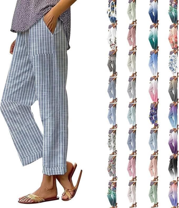 Striped Pants for Women High Waisted Straight Leg Trousers Casual Beach Outfits Lounge Linen Clothes with Pockets