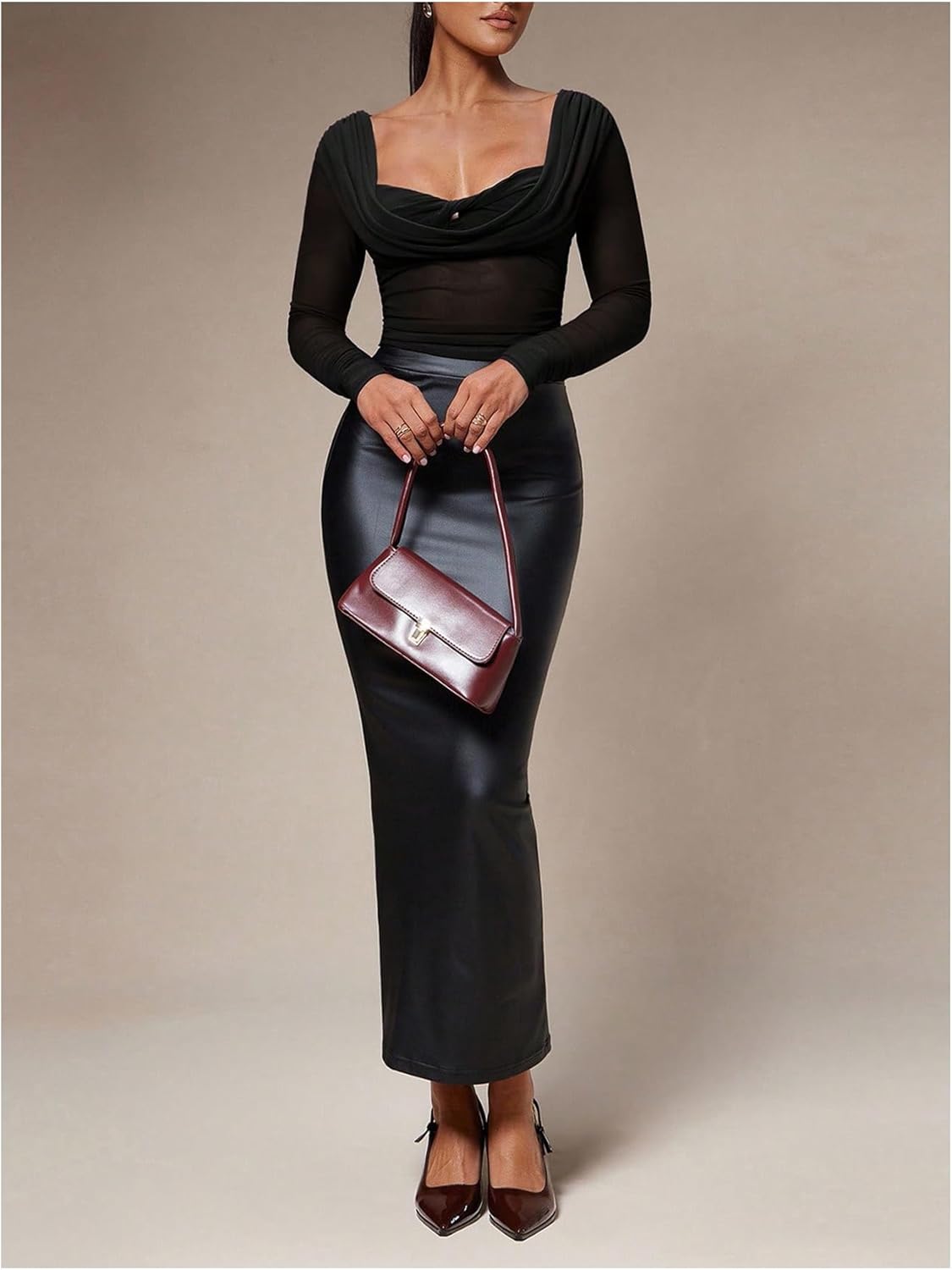 Milumia Women's Draped Long Sleeve Sheer Mesh Top Cowl Neck Ruched Fitted Going Out Tops Night Out Outfits - Image 5