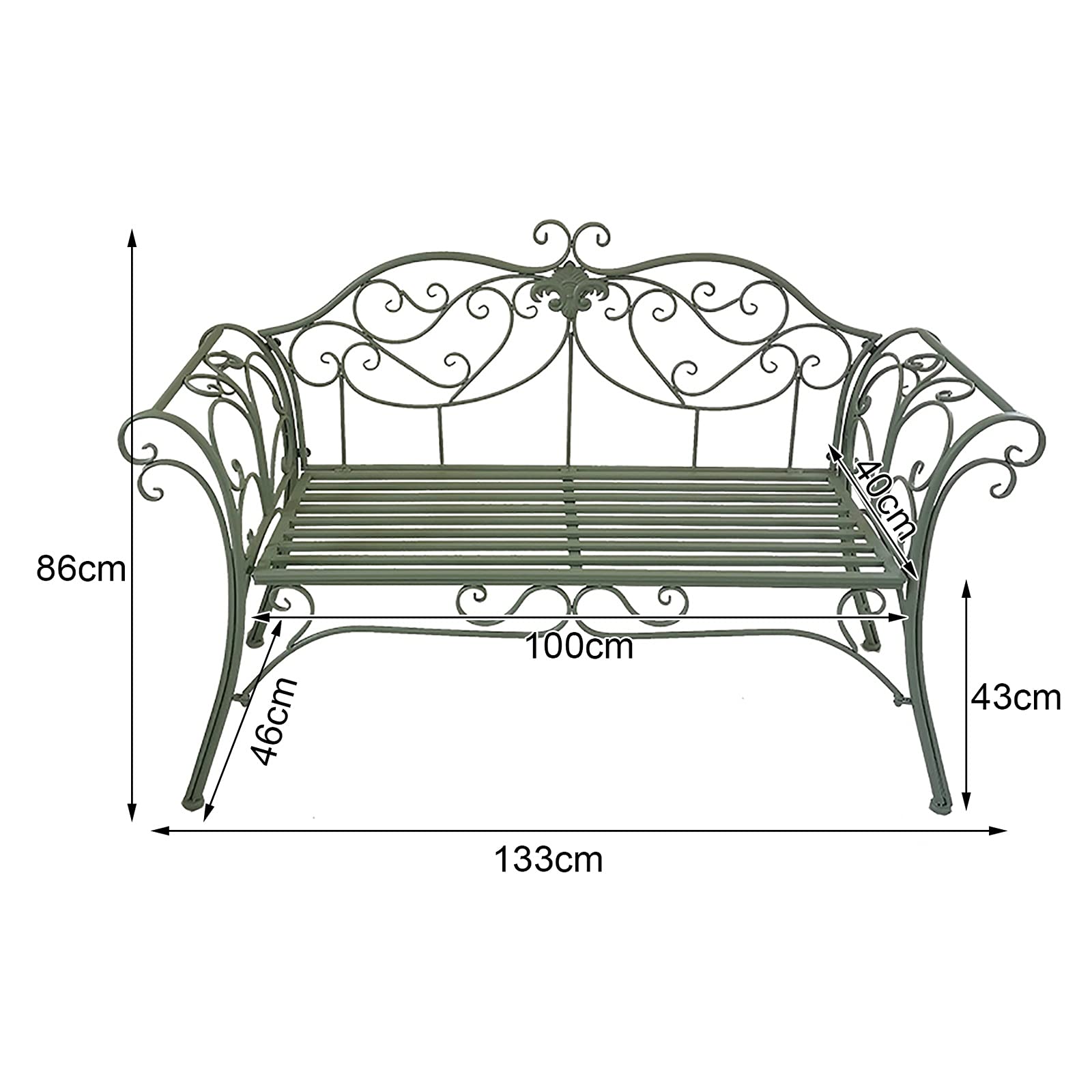 Panchina da giardino con schienale decorativo in ghisa, doppio sedile per patio, cortile e balcone