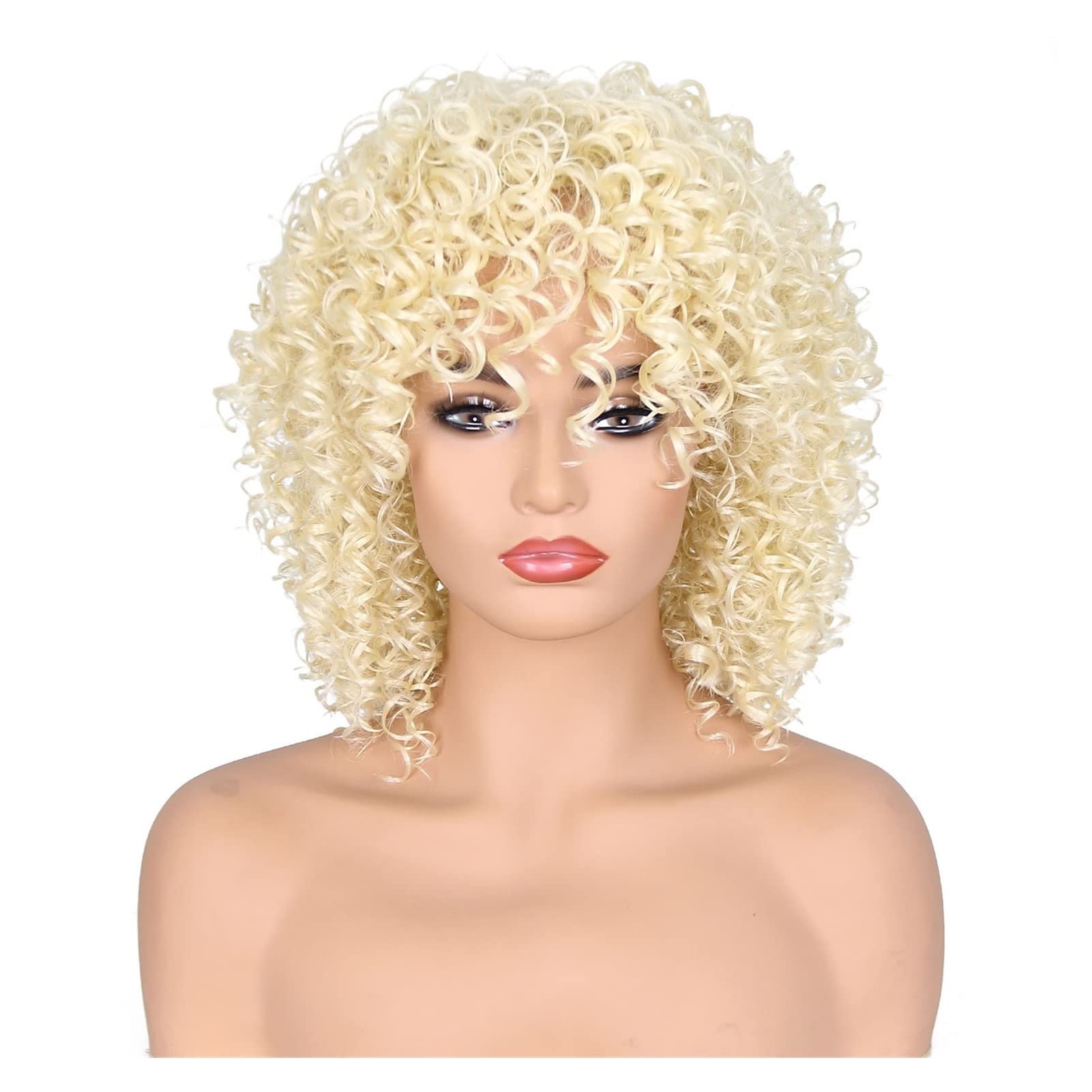 Wigs GNIMEGIL Afro Kinky Curly Bob Wig with Bangs Synthetic Hair Ombre Blonde Wig Short Bounce Curl Brown Fluffy Wigs for Black Women wig caps (Color : Blonde)