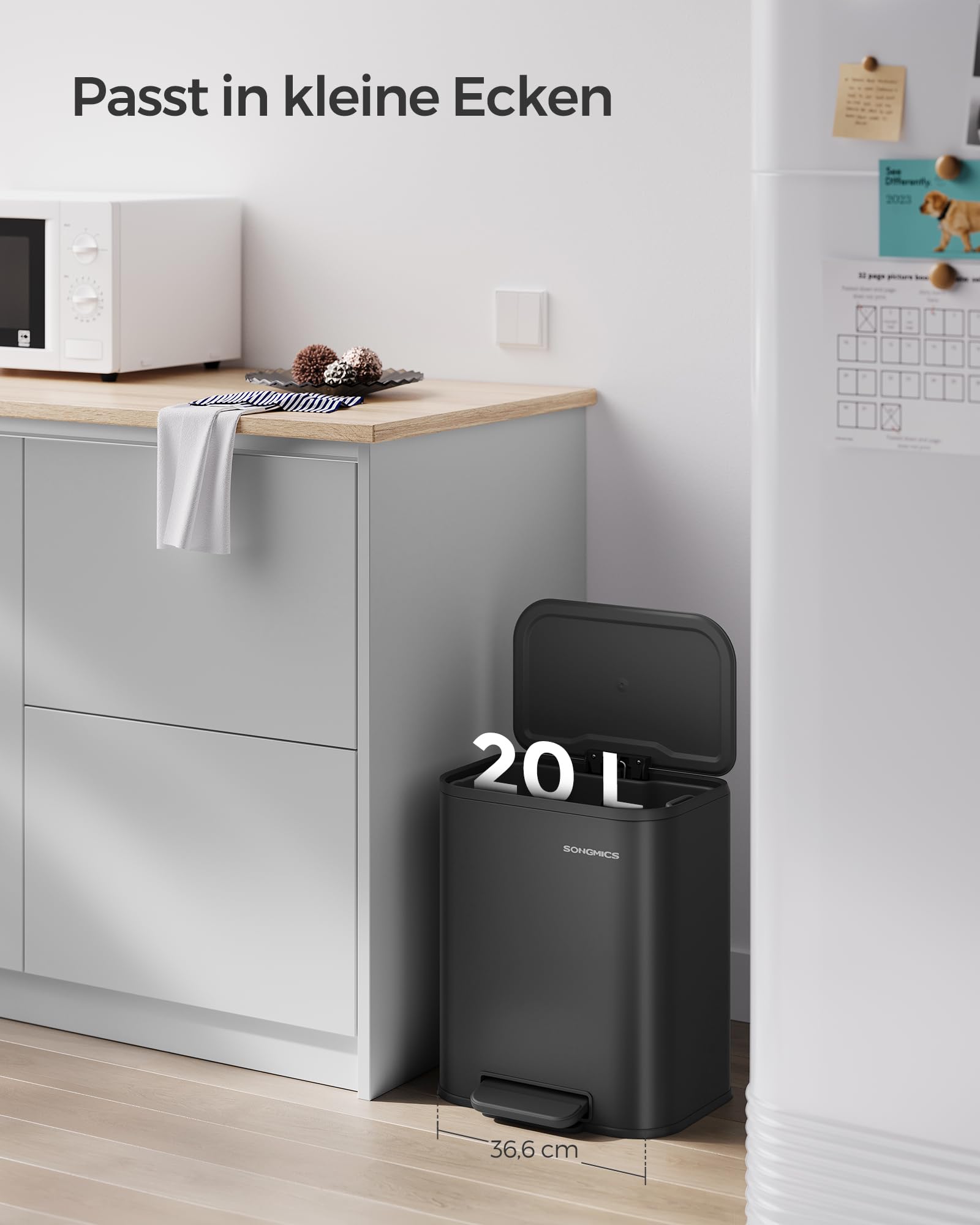 SONGMICS Mülleimer Küche, 20 Liter Abfalleimer mit Deckel, Tretmülleimer, Stahl, Softclose, Offenhaltefunktion, mit Inneneimer, breites rutschfestes Pedal, tintenschwarz LTB542B02