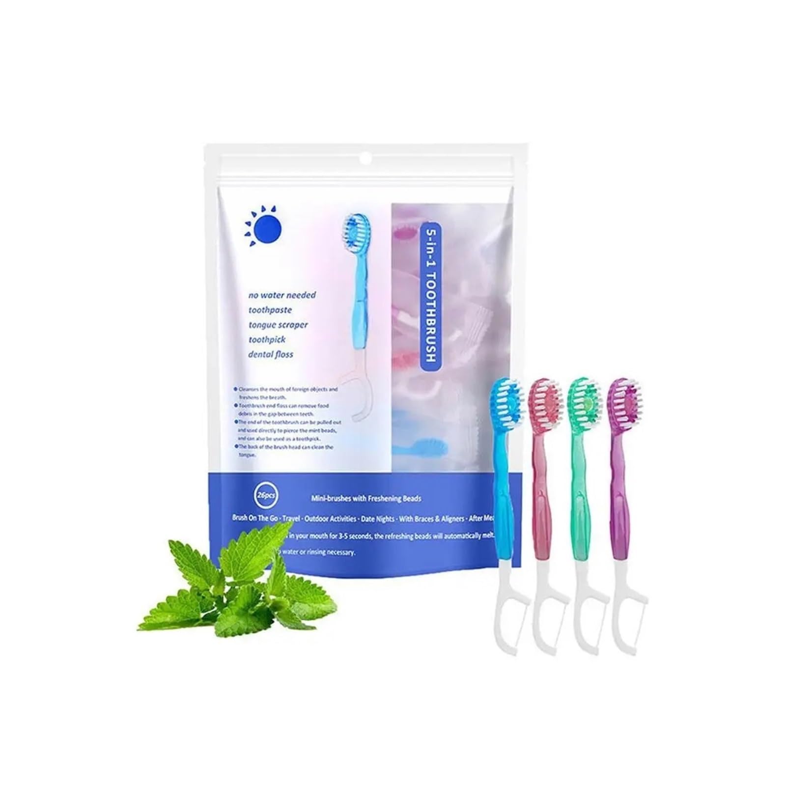 5-in-1 Reisezahnbürstenset, Einweg Mundpflege für Camping & Hotel | Sofortige Frische ohne Wasser: Minzperlen, Zahnseide & Zungenschaber in einem kompakten Tool(MIX-26PCS)