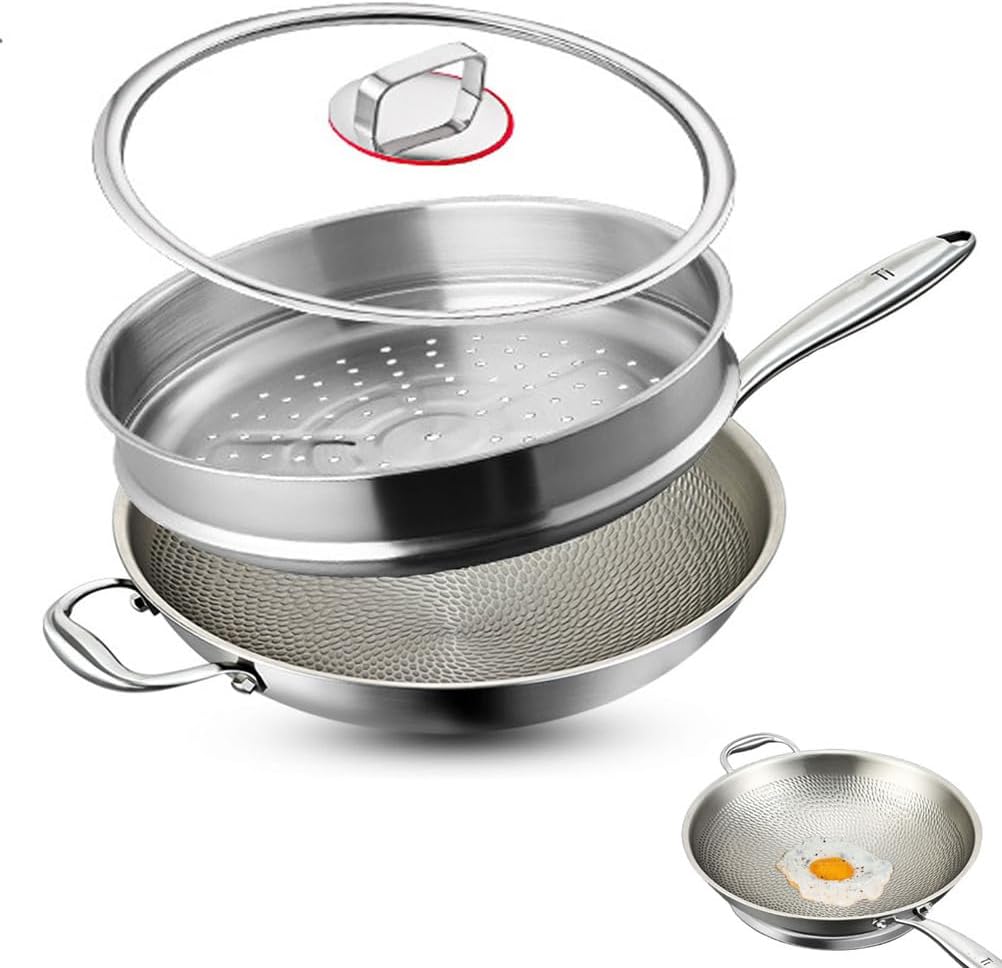 Titanium Hammered Pan, Durable Scratch-Resistant Titanium Frying Pans for Cooking Non Stick, Even Heating for Cooking, Nutritious Pan for Cooking, Compatible with All Cooktops,With steamer,12.