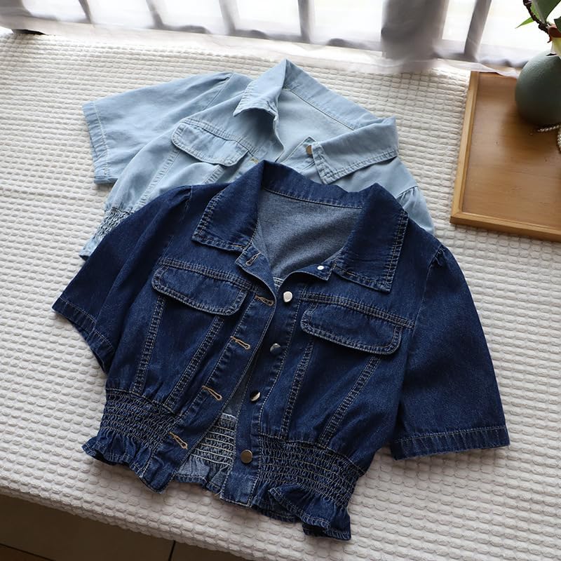 Omoone Women's Short Sleeve Denim Shirt Peplum Ruffle Hem Denim Crop Top Jackets Cowgirl Outfits - Image 3