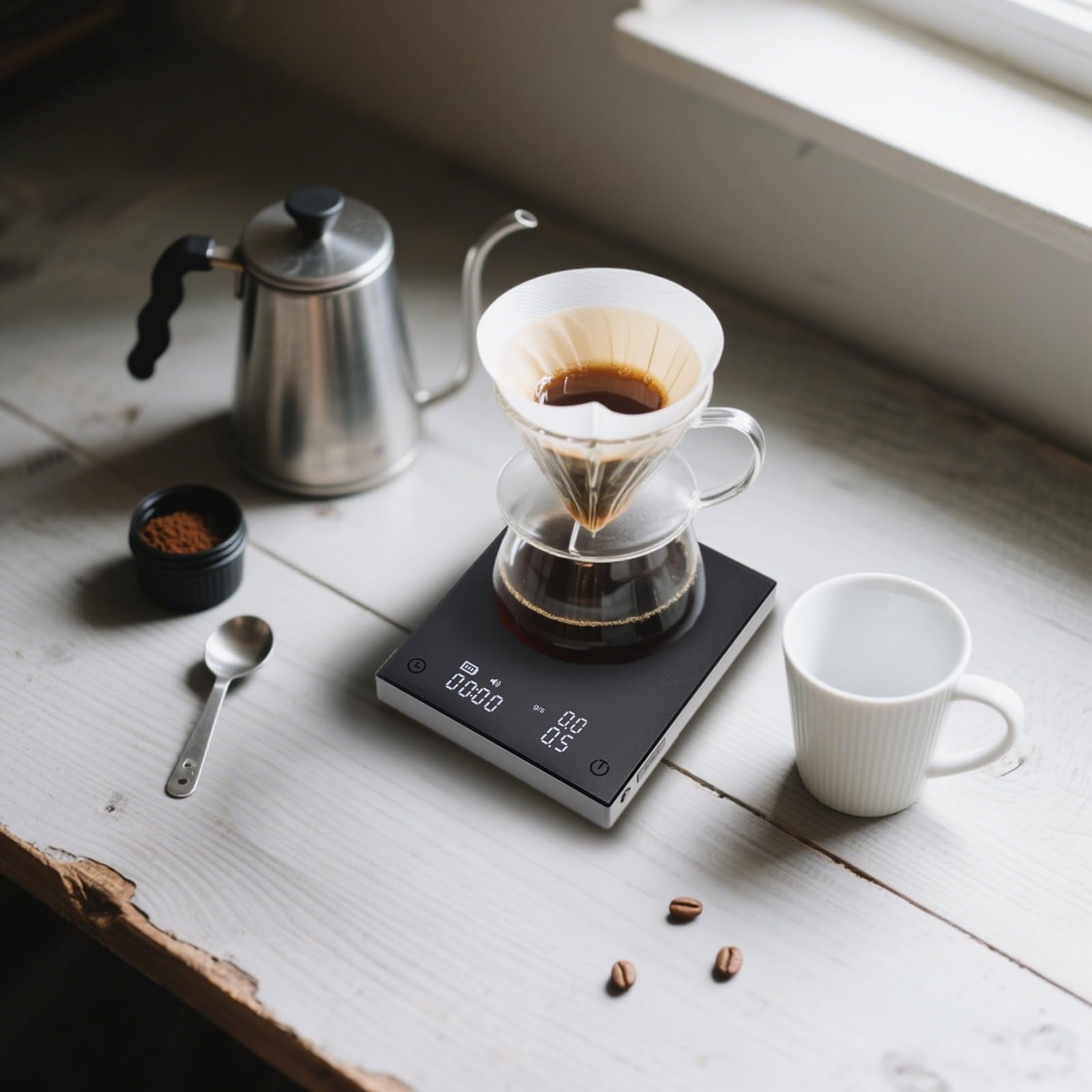 Digitale Kaffeewaage mit Timer, Espressowaage mit Auto Timer, Flow Rate Aufzeichnung, Wärmeisolierpad, für Espresso und Pour Over, schwarze Kaffee Waage für präzises Brühen