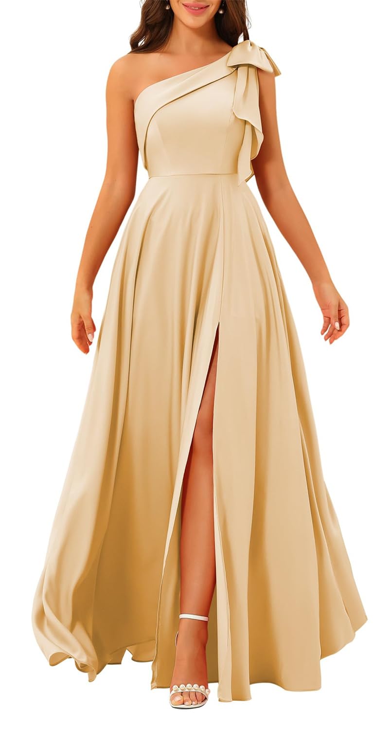Hppee Women's Champagne One Shoulder Bridesmaid Dresses For A Line Satin Prom Dress With Slit Corset Ball Gown Uk6