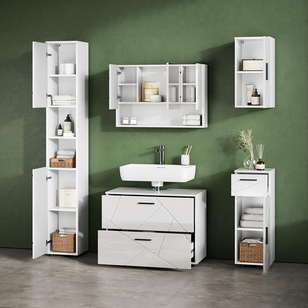 Livinity Armario de baño Mediano Ronco, Blanco Alto Brillo, 30 x 81 cm
