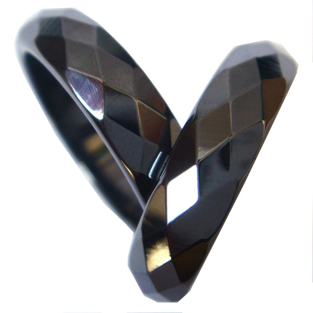 2pcs Natural Black Faceted Hematite Stone Finger Band Rings Gift Box