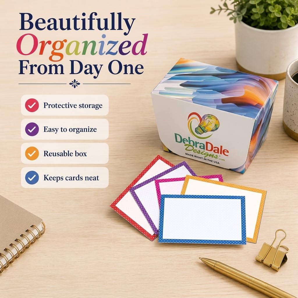 Debra Dale Designs - Tarjetas de índice en blanco de 4 x 6 pulgadas con borde impreso de muchos puntos - 200 tarjetas - Cartulina de índice grueso 140# premium