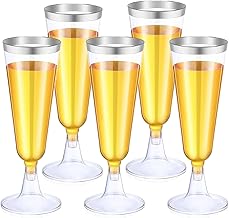 LATERN 50 Pezzi Riutilizzabili Flute da Champagne con Bordo in Argentato, 150ml Bicchieri da Champagne in Plastica Bicchieri da Vino con Gambo per Anniversario Matrimonio Giardino Feste (5,5 x 16,5cm)