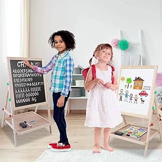 Kids Easel, Toys of Wooden Easel for Toddlers, 2 in 1 Double Sided Painting Board, Height Adjustable Wooden Boys Girls Art Blackboard Easel, Kids Standing Double Sided Blackboard Whiteboard for Kids