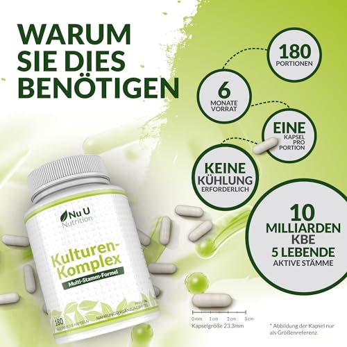 Kulturen Komplex Probiotika Darmsanierung - 180 Kapseln - 6 Monate Vorrat - Hochdosierte BacterienKulturen mit Lactobacillus Acidophilus & Bifidobacterium - Nu U Nutrition