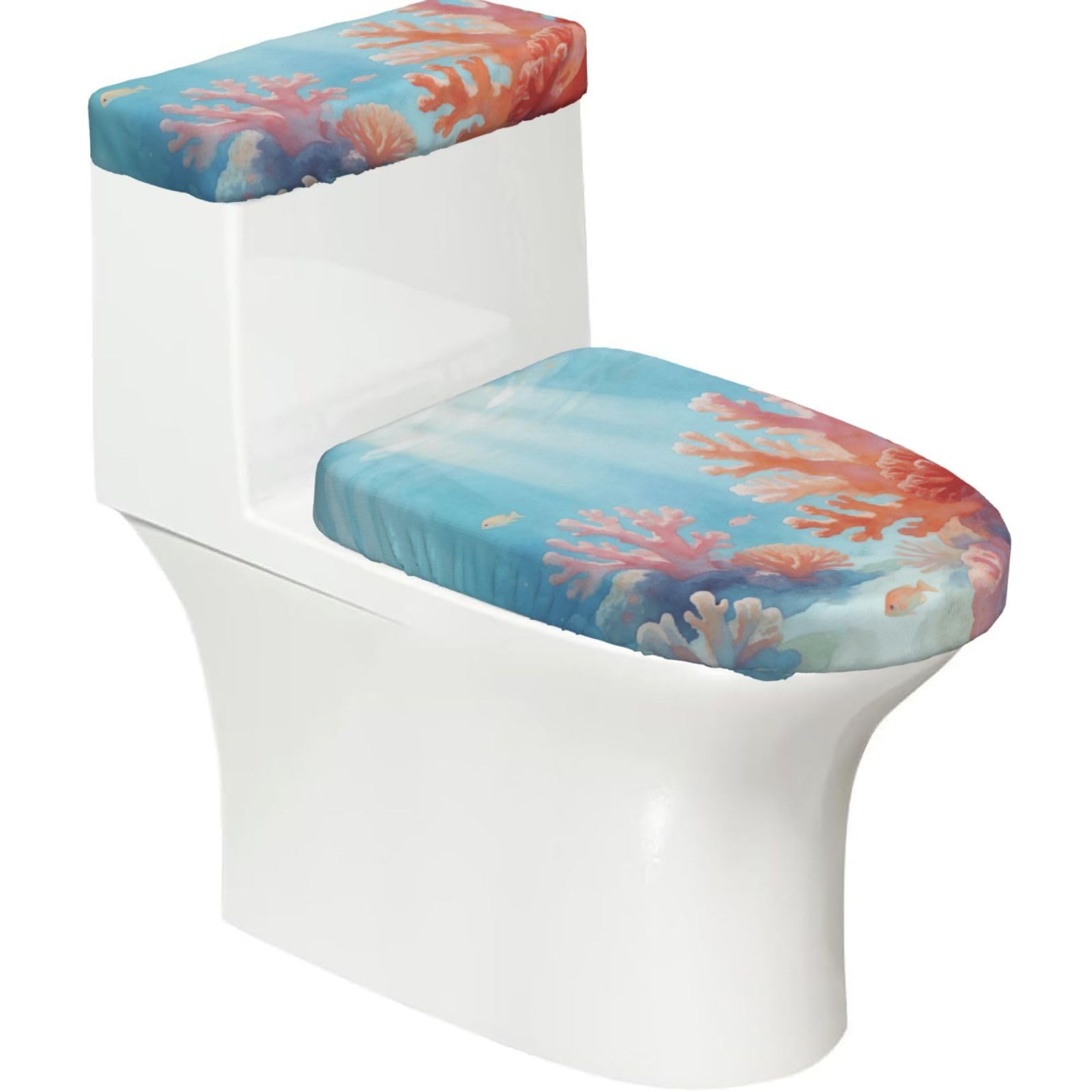 Coral Wash Art Elastic Toilet Cover Set of 2-Stretchy Lid and Tank Covers for Bathroom, Soft Washable U Shape Toilet Decor