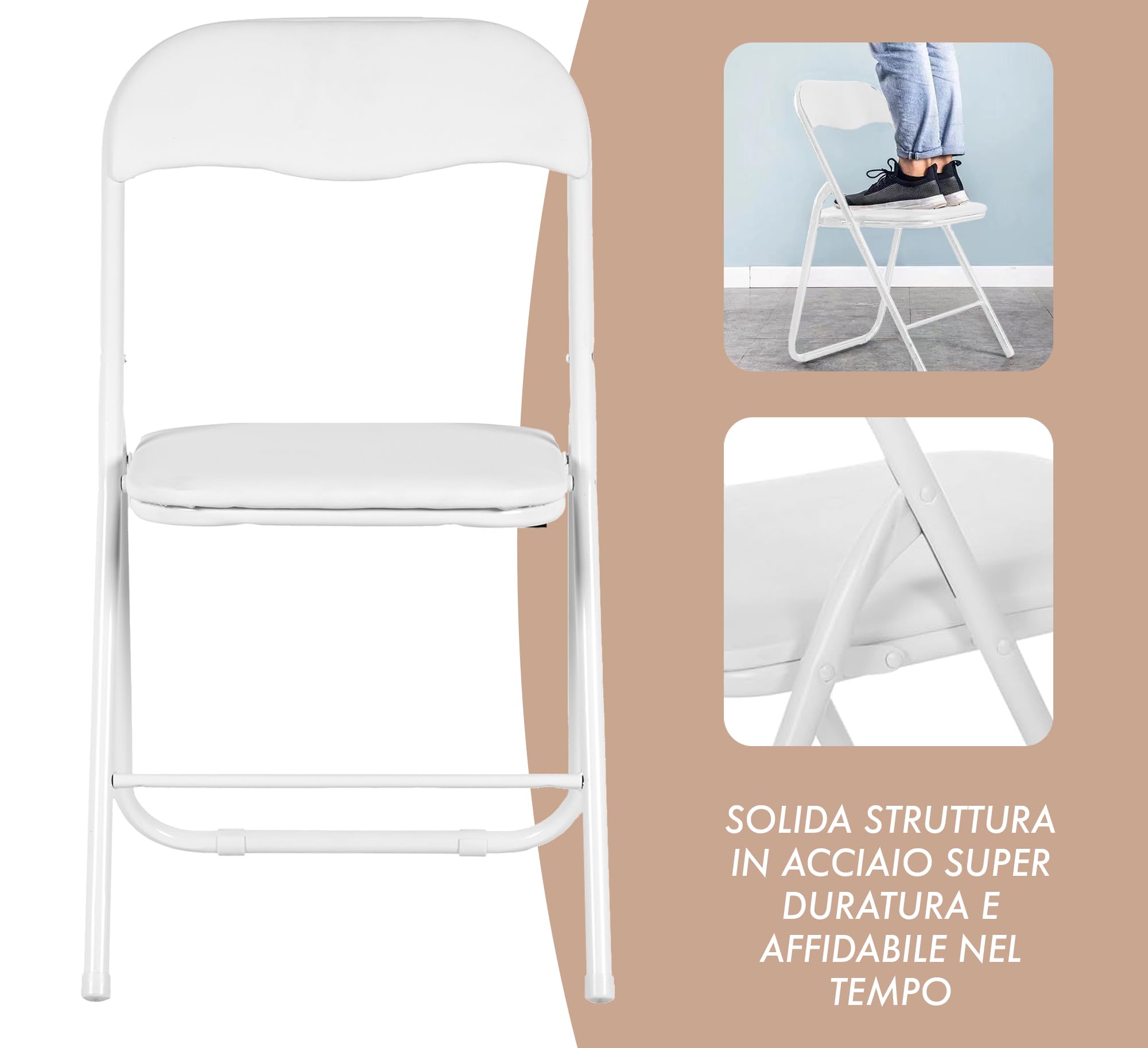 Set 6 Sedie Pieghevoli Sedia Cucina Robusta Struttura In Metallo Seduta Comoda In Simil Ecopelle Sedute Poltrona Per Ospiti Campeggio Sala Riunioni Ufficio Pieghevole Salvaspazio Scrivania - Bianco