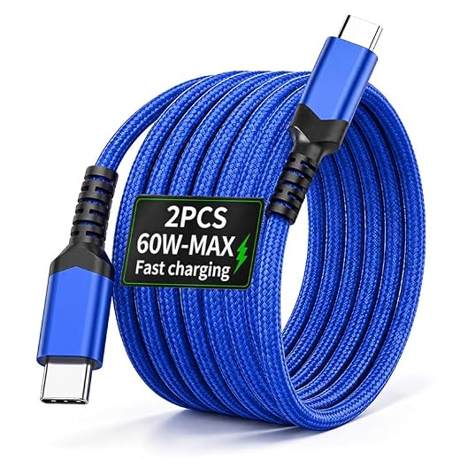 2Pcs USB C to USB C Cable 60W PD 5A Fast Charging, Type C Charger Cord for Smartphones, Tablets and Laptops, 3.3FT/6.6FT (Blue,100cm=3.3ft=39.3inch)