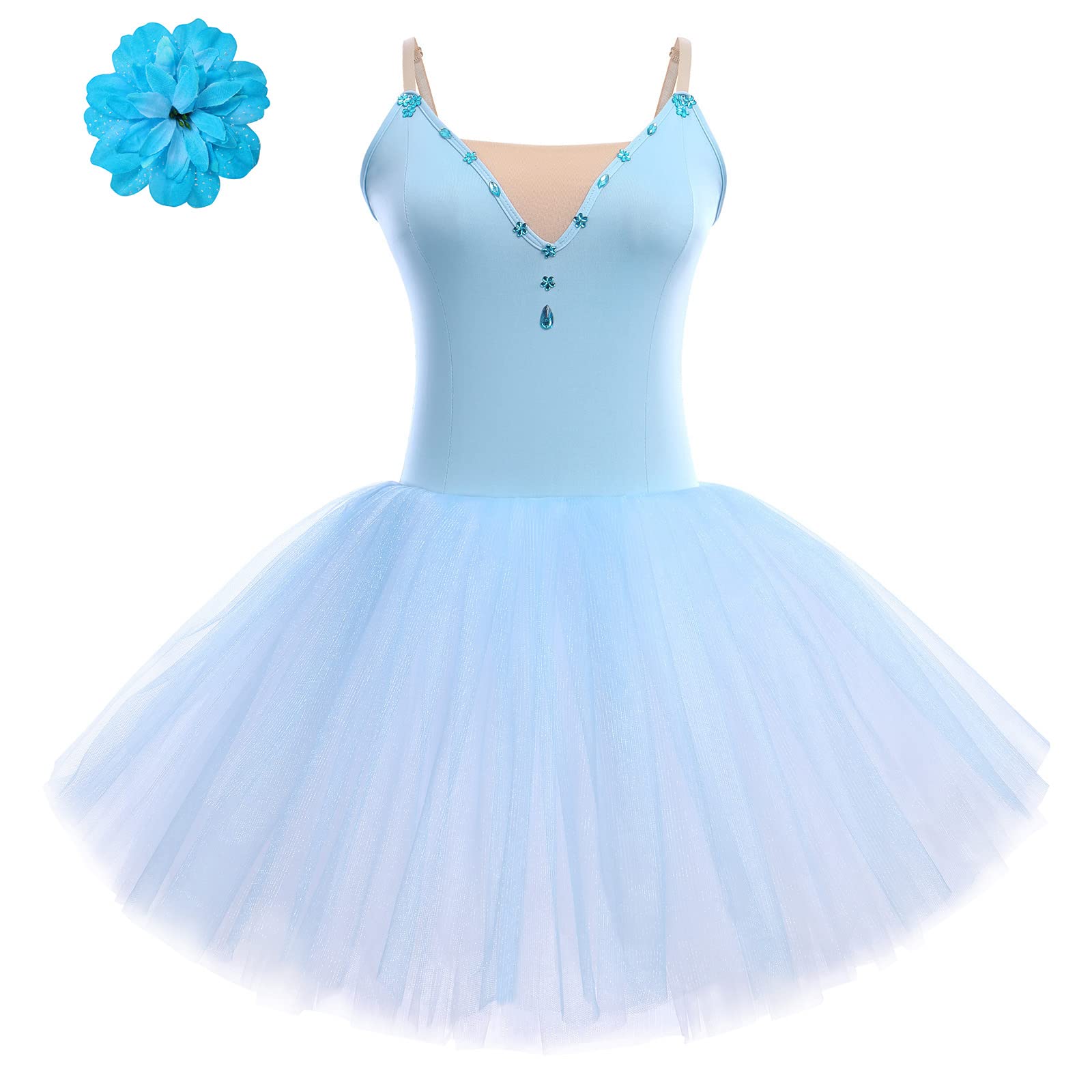 Odizli Ballettkleidung Damen Spaghettiträger Tanzbody Tütü Tüllrock Ballettkleid+Haarspange Tanzkleid