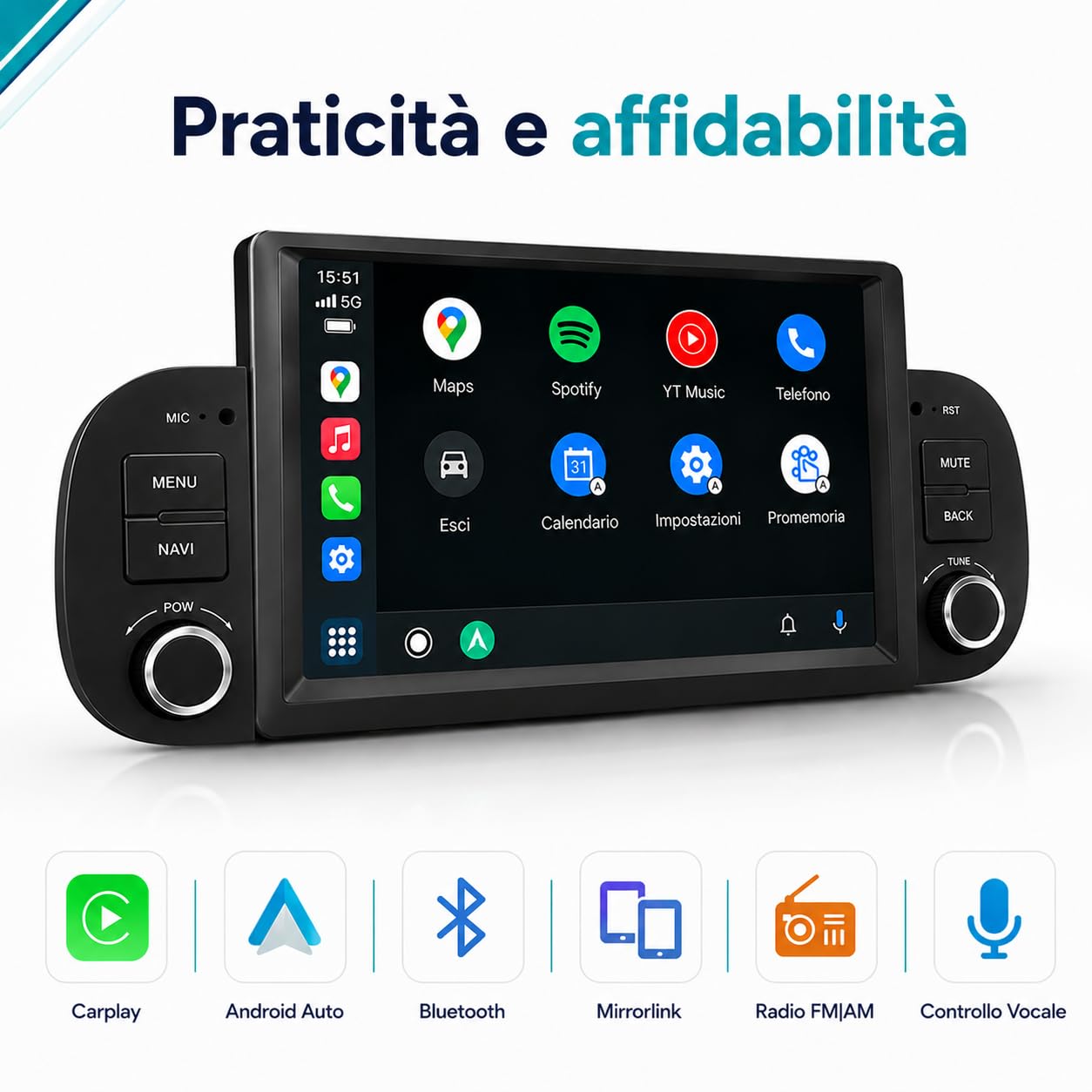 VIBEX | Autoradio per FIAT PANDA dal 2012 al 2023 7 pollici | Wireless CarPlay e Android Auto | Touch | AVVIO FLASH | Bluetooth, WiFi,USB, Comandi al Volante