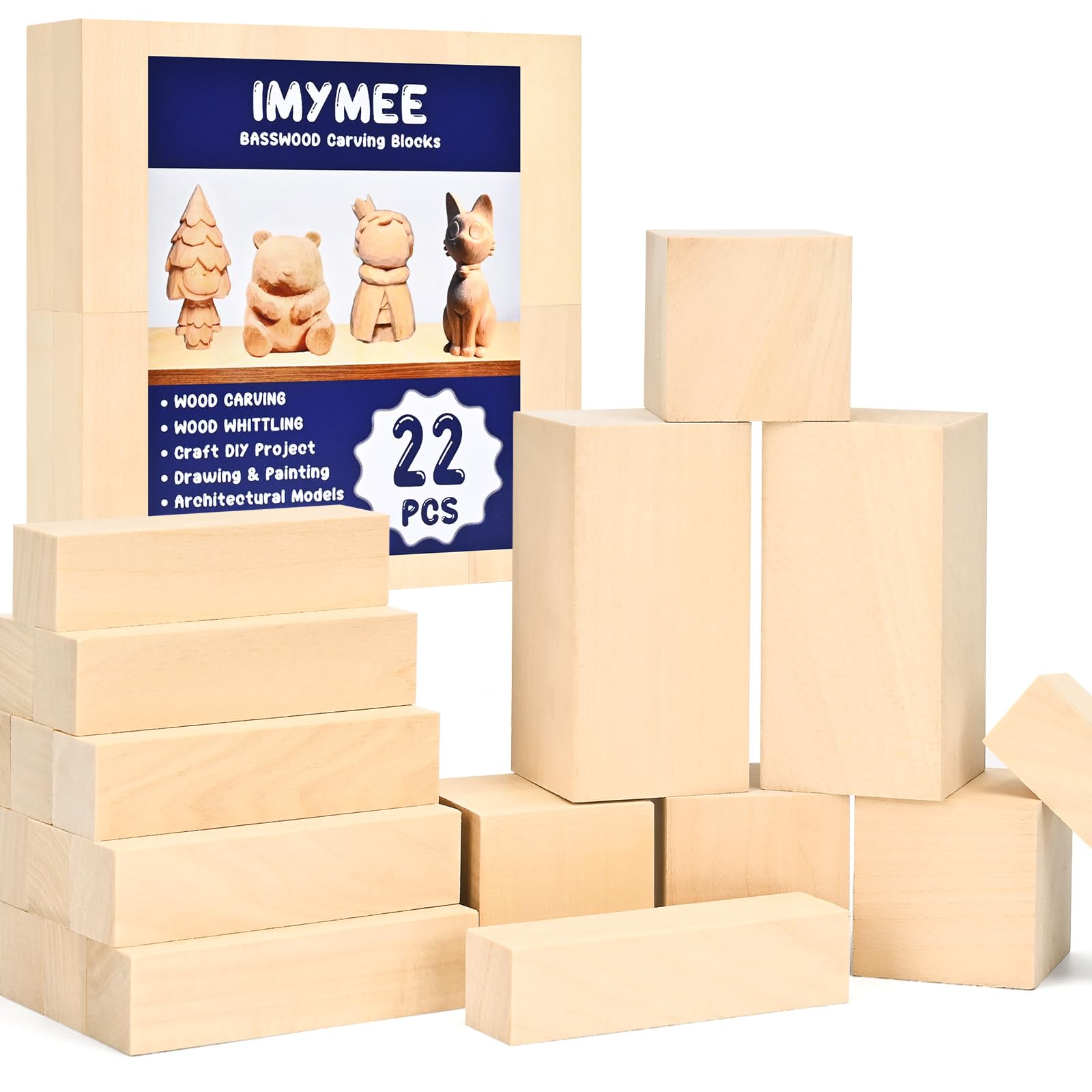Basswood Carving Blocks-22PCS Whittling Wood Blocks Wood Carving Kit with 3 Different Sizes,Soft Basswood for Whittling, Easy to Use for Kids and Adults
