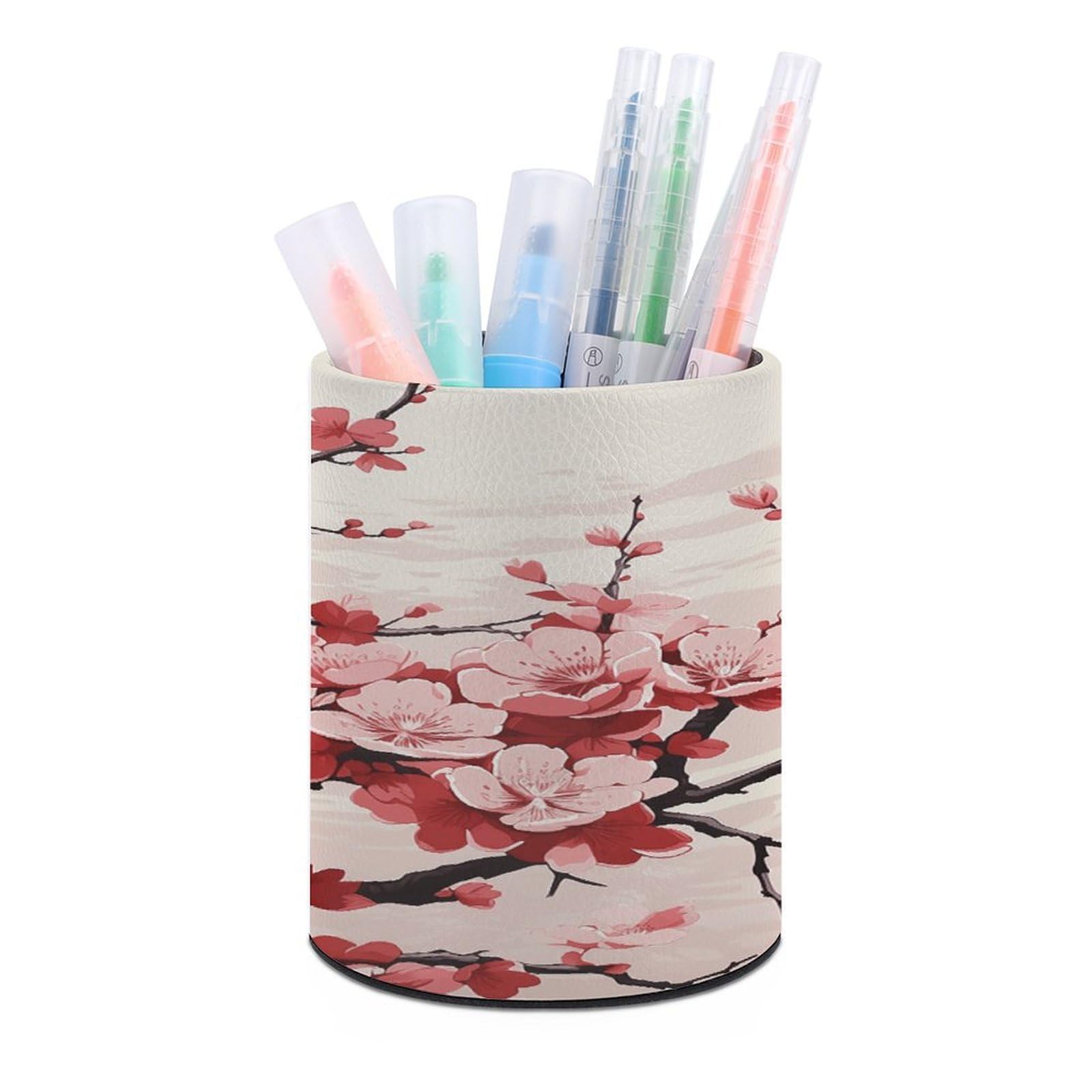 VstaDank Japanese Floral Cherry Blossom Pen Holder PU Leather Pencil Cup Minimalist Desk Pencil Holder Round Make Up Brush Organizers For Office Dorm Room&Vanity Desk Accessories