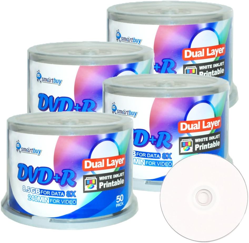 Smartbuy 8.5gb/240min 8X DVD+r Dl Dual Layer White Inkjet Printable Blank Data Recordable Disc Spindle (50-Disc)