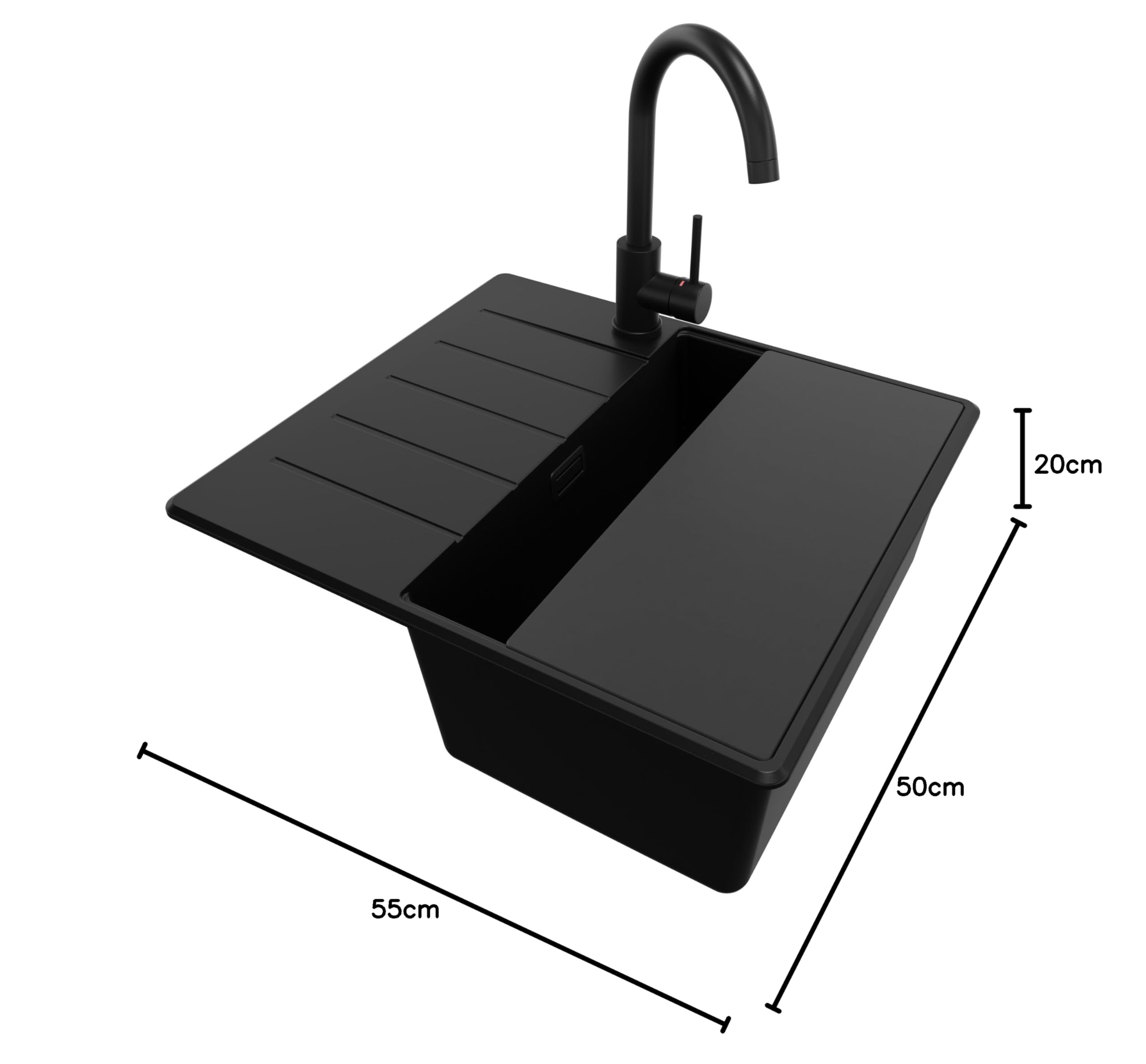 PRIMAGRAN Fregadero Granito Todo Negro - Copenhague Top, 55x50cm | Cocina 1 Seno + Grifo 32x20cm + Set de accesorios, sobre Encimera al Mueble 40cm (S092)
