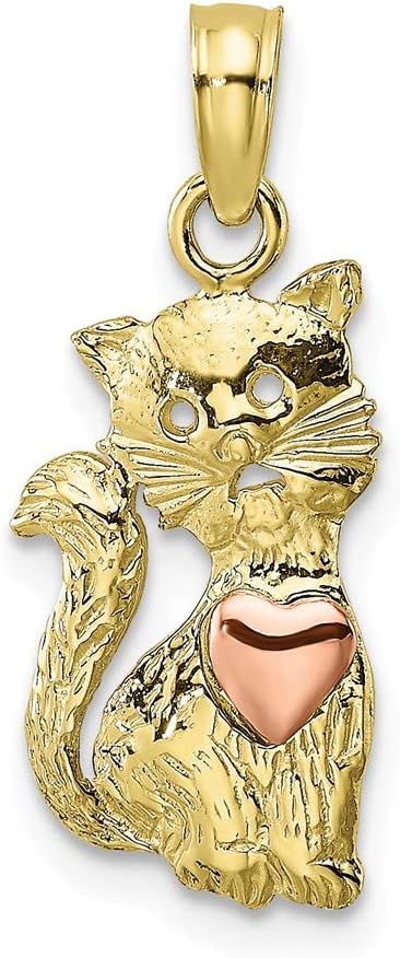 10K Two-Tone Gold Small Charm Pendant, Cat with Pink Heart & Cut-Out Eyes