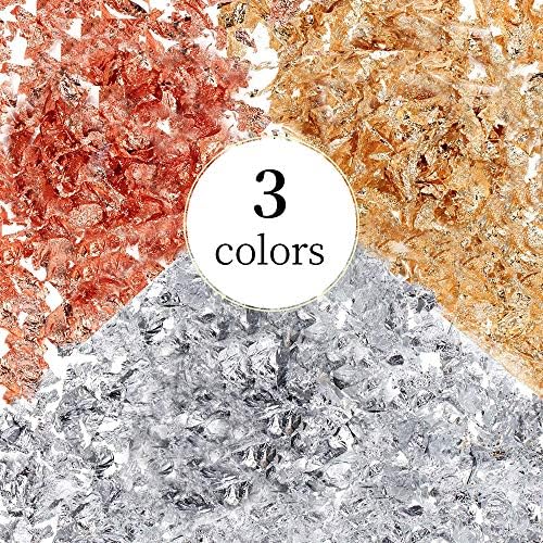 3 Packs Gold Leaf Gilding Flakes, XCOZU Gold Foil Copper Leaf Silver Leaf Metallic Foil Flakes, Imitation Gold Leaf Kit for Resin Nail Painting Art Craft Jewelry Making Decoration (3g/Bags)
