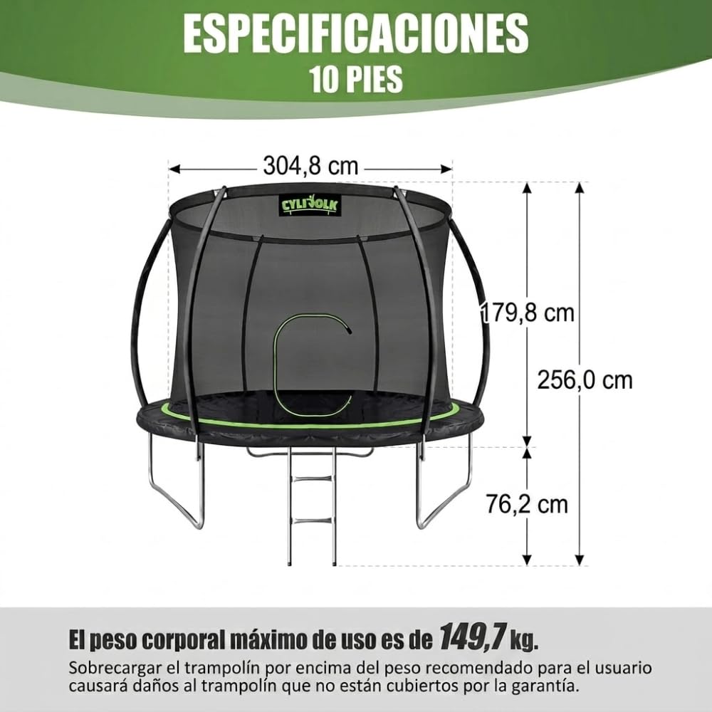 DEVESSPORT Cama Elástica Exterior de 10 Pies (305 cm) con Red de Seguridad, Escalera y Kit de Anclaje | Trampolín de Jardín para Niños y Adultos, Carga Máx 150 kg, 60 Muelles