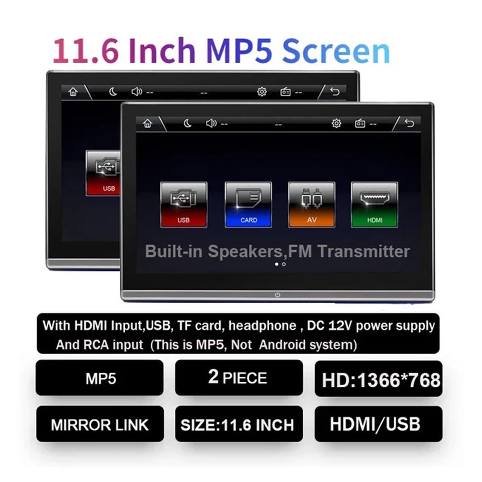 Moniteur D'appui-tête De Voiture 10,1/11,6 Pouces Lecteur MP5 FM HD 1080P avec Écran Vidéo USB Et HDMI Lecteur Multimédia(11.6 inch MP5 2PCS)