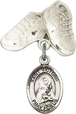 Sterling Silver Baby Badge with St. Victoria Charm and Baby Boots Pin 1 X 5/8 inches