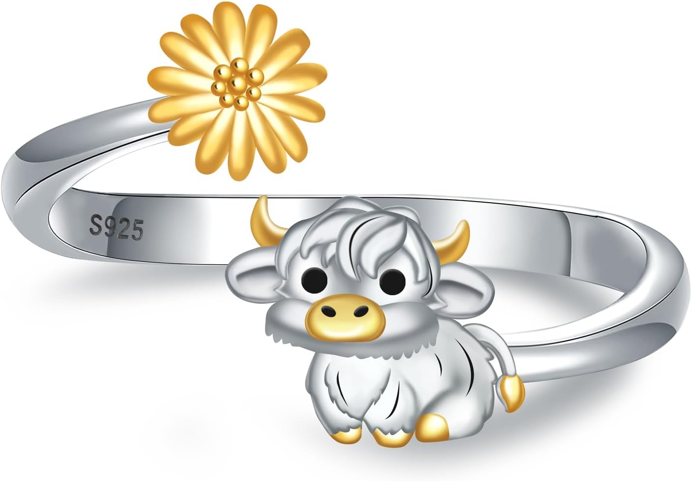925 Sterling Silver Horse Highland Cow Western Hat Ring for Women Adjustable Dainty Horseshoe Ring Scottish Highland Cattle Ring for Daughter Adorable Equestrian Birthday Chiristmas Jewelry Gift for Granddaughter