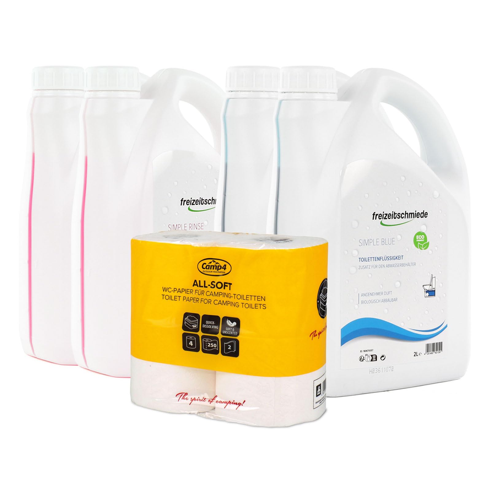 Set Toiletten Zusatz Simple Blue + Rinse je 4L Sanitärflüssigkeit für Campingtoilette inkl. All Soft Toilettenpapier