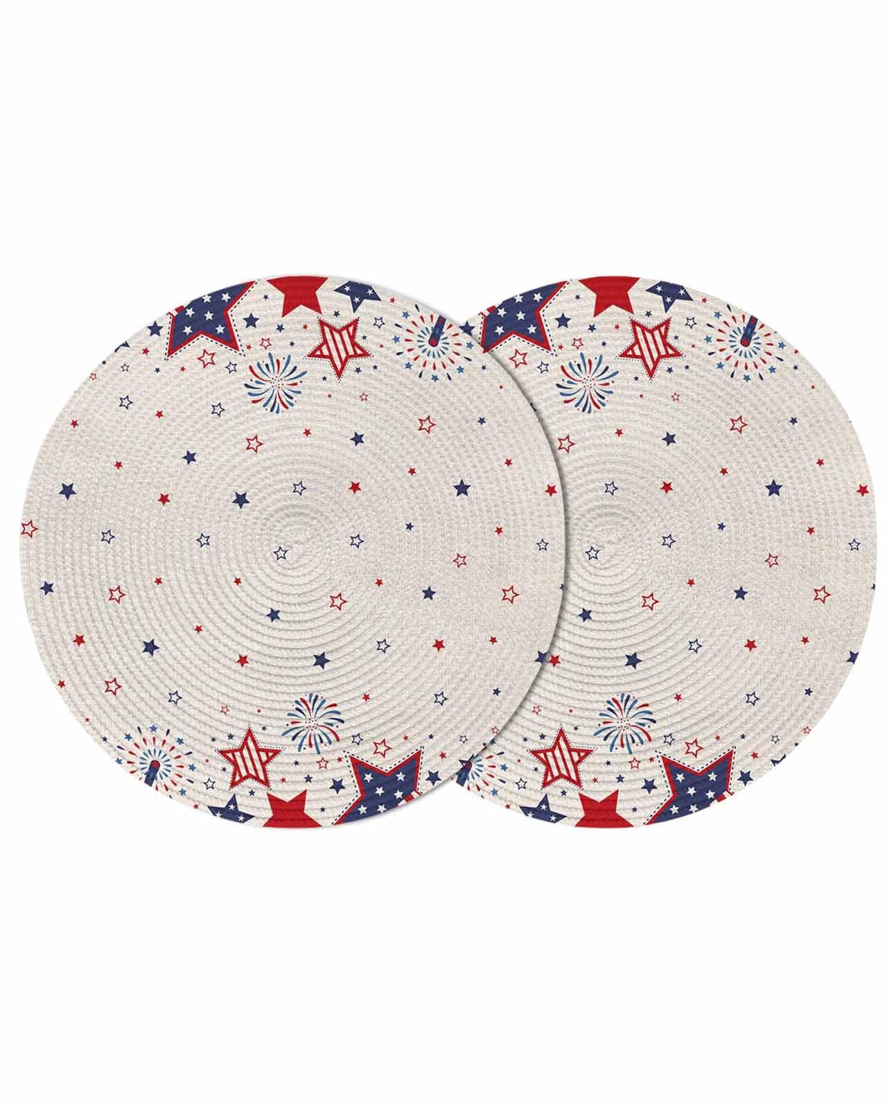 Patriotic Round Braided Placemats Set of 2 4th of July Red Blue Stars Firework American Flag Retro Round Placemats for Dining Tables Kitchen