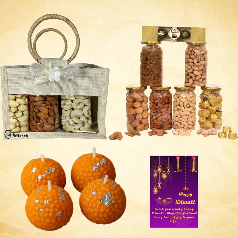Image of NUTRI MIRACLE Diwali Dry Fruits and Nuts with Dubai Chocolates Hamper and Laddu Candles Gift Pack for Office Gifting