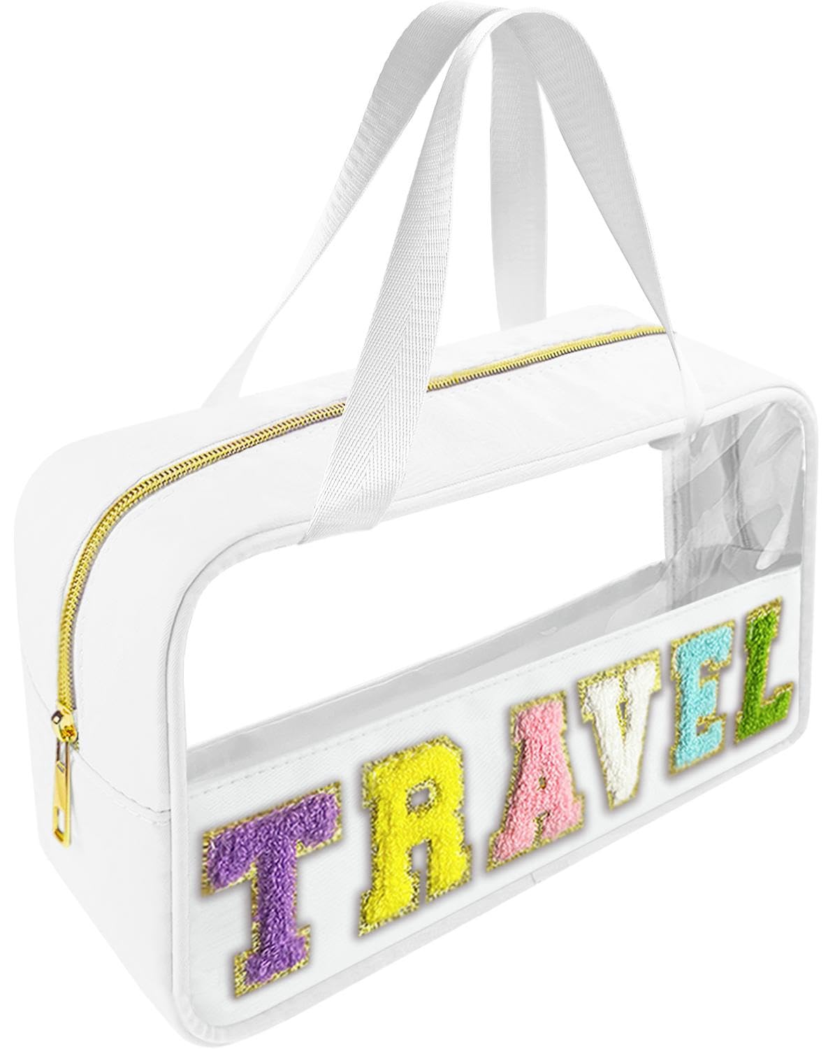 Bunliuys Chenille Letter Clear Makeup Bag Travel Patch, Travel Toiletry Makeup Bag with Handle, Nylon Waterproof Makeup Bags clear cosmetic bag,