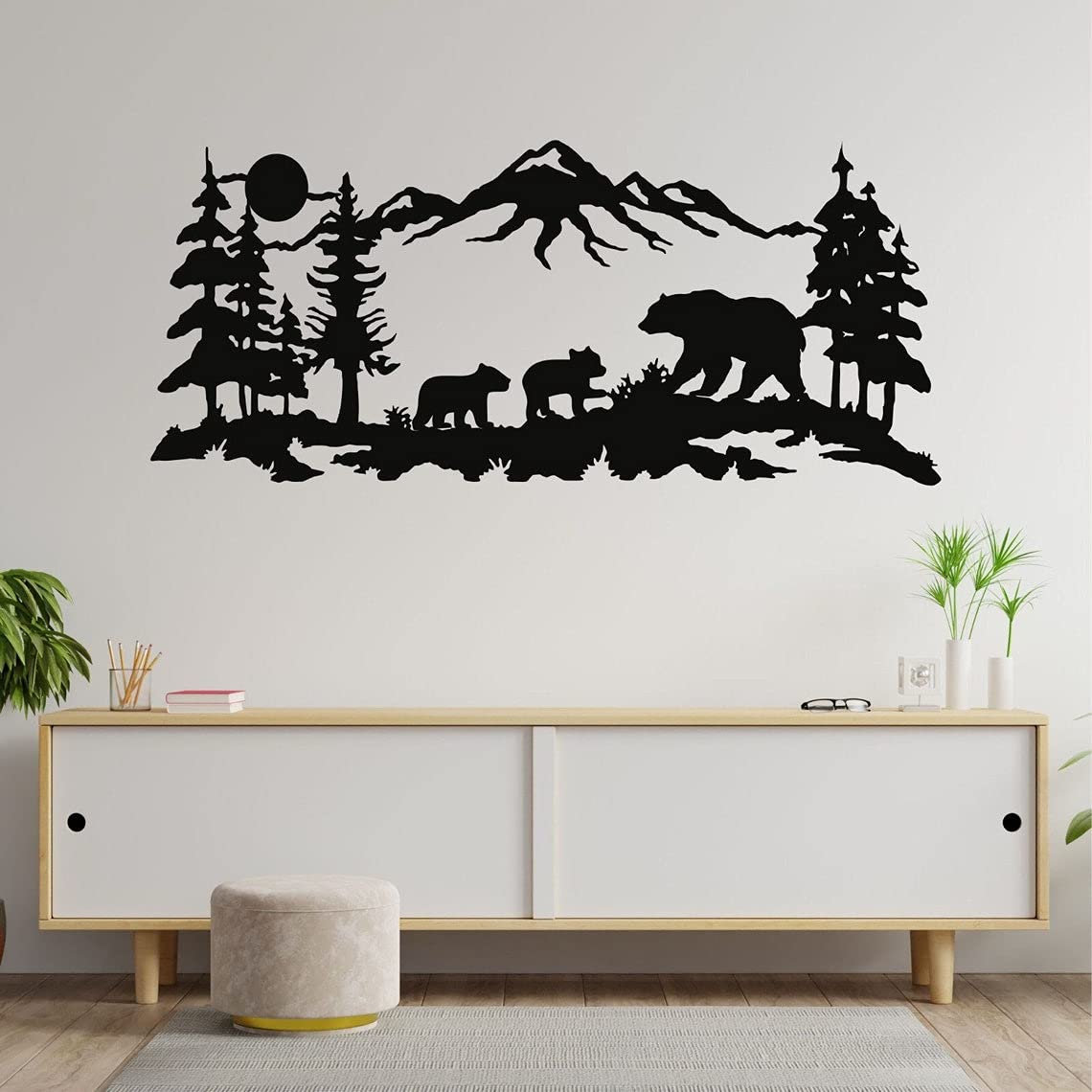 DEKADRON Metal Wall Art, Metal Bear Family Art, Tree Mountain Decoration, Nature Wall Decor, Wildlife Lover Gift, Wall Hangings (47" W x 20" H / 117x51cm)