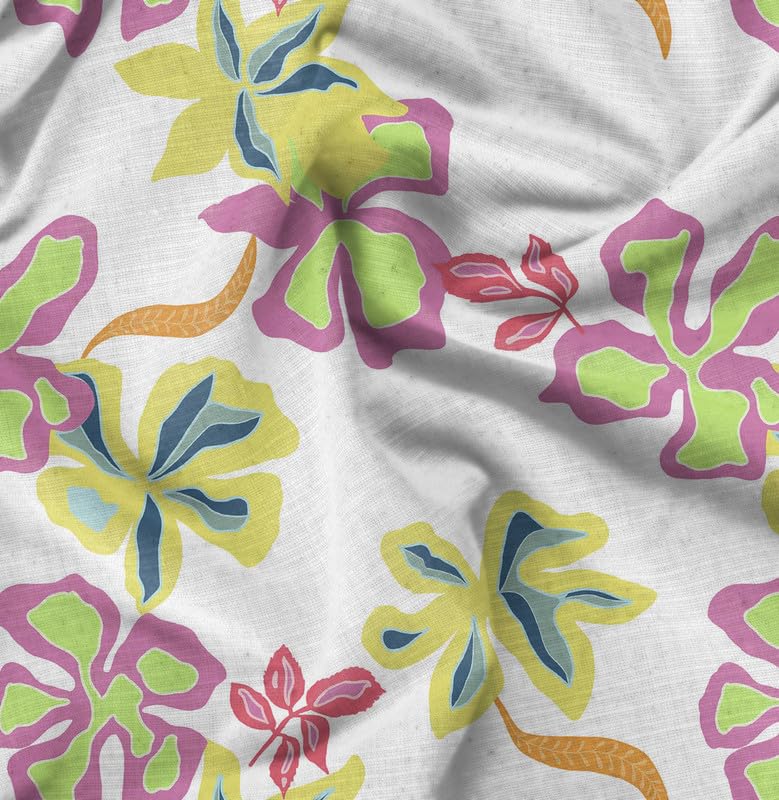 Soimoi Silky Satin Fabric Material, 1 Meter - 42" Inch Width, White - Floral Print - Soft Shiny Fabric for Dress, Pillowcases, Pajamas, Evening Dress, DIY