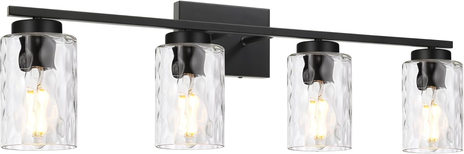 4 Light Bathroom Vanity Light Fixture Over Mirror, Black Bathroom Wall Sconce Lighting Fixtures Indoor with Clear Hammered Glass Wall Mount Lighting for Porch Kitchen Bedroom Bedside,Hallway
