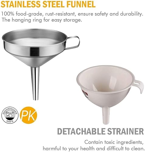 Miniatura 8 de Lakatay - Embudo de cocina de acero inoxidable de grado alimenticio con filtro para transferir ingredientes líquidos y secos, color plateado