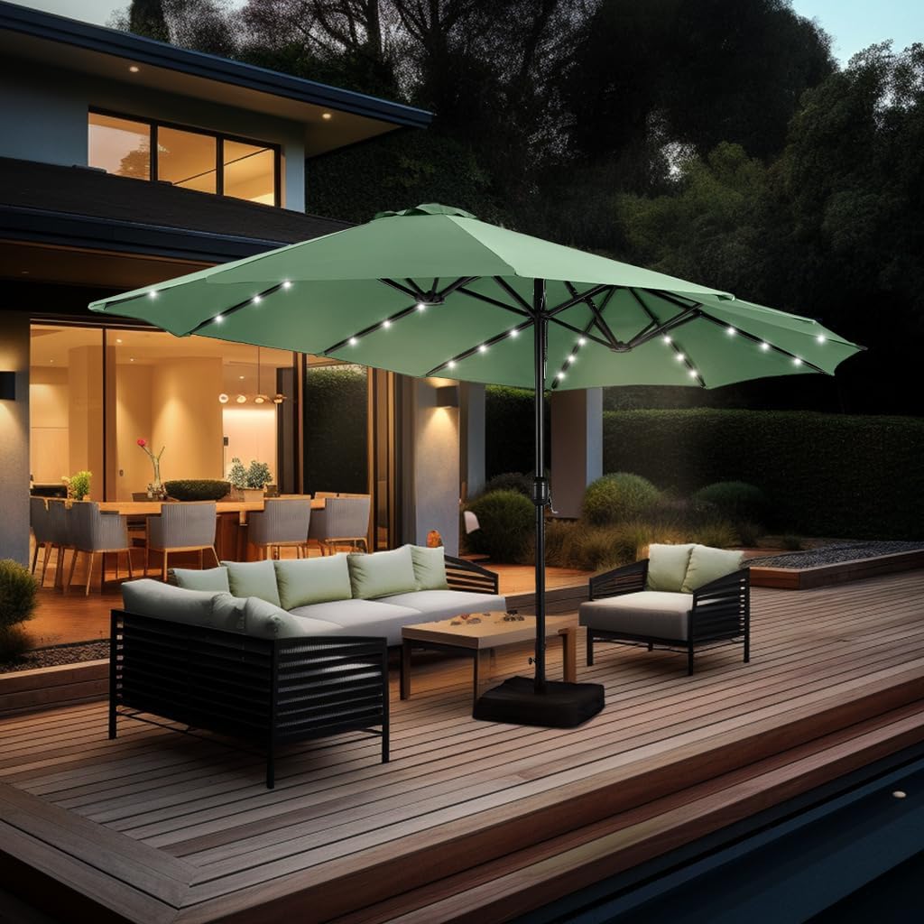 GREEN PARTY 15 ft Large Outdoor Patio Umbrella with Solar Led Lights & Base Included, Double-Sided Rectangular Table Umbrella with Stand, Market Umbrellas for Deck Poolside Garden Backyard, Mint Green