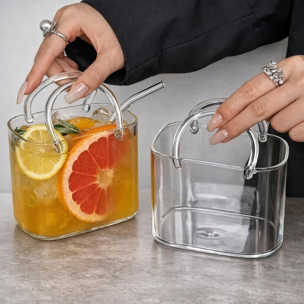 Glass Purse for Drinks, Set of 4 26 oz Handbag-Shaped Drinking Glasses, Purse Cocktail Glass Cups for Juice, Tea & Flowers, Decorative Glass Purse Vase for Parties, Brunch & Gifts (4pc)