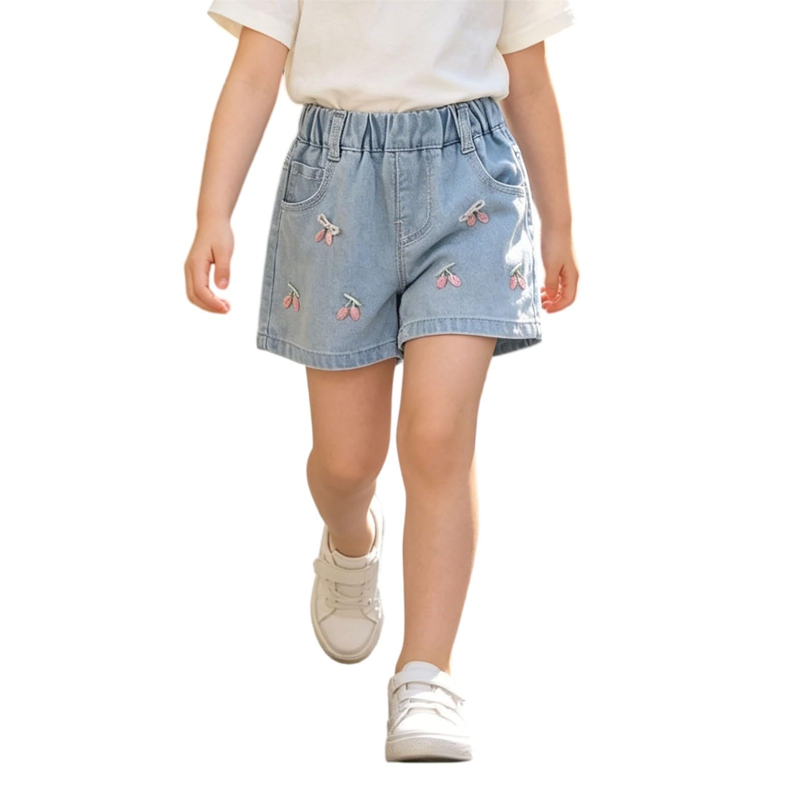 Pantalones cortos de mezclilla bordados para niñas, cintura alta, pierna ancha, pantalones cortos casuales de moda holgados de pierna recta con bolsillos para adolescentes, niñas, verano, playa