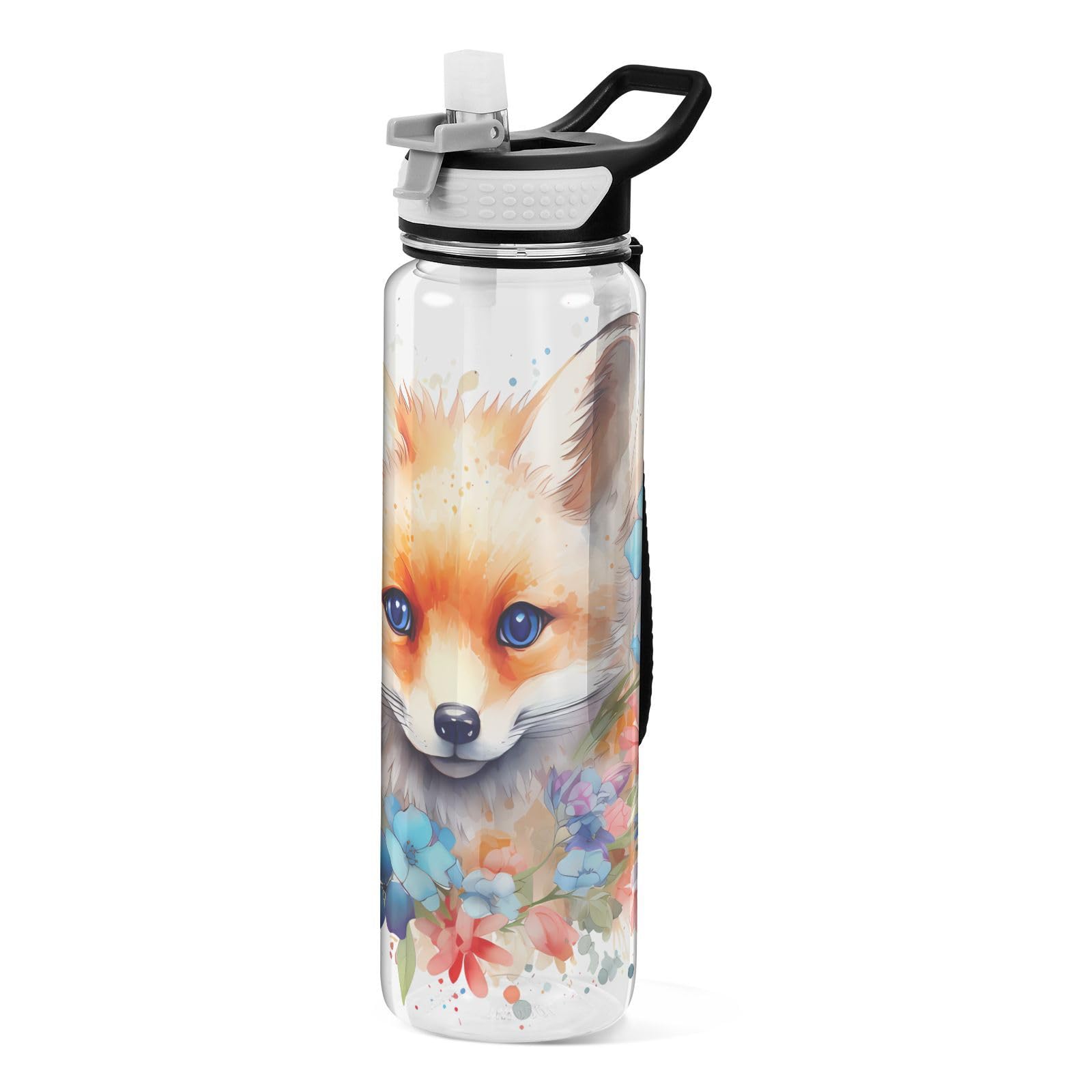 Mnsruu Fox Flower Watercolor Water Bottle Sports Drinking Bottle with Straw 1L BPA Free Tritan Clear Drinks Bottle for Kids Boys Girls Adults School Travel