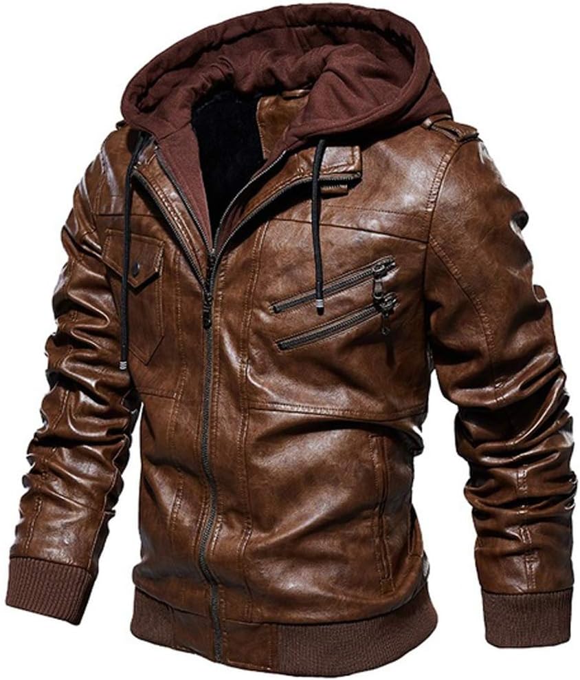 Men's Faux Leather Jacket Hooded Bomber Jacket Coat Vintage Motorcycle Jacket with Removable Hood